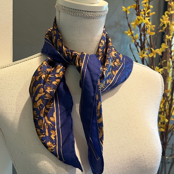 Vintage Accessories - Vintage Blue and Gold Lion Silk Scarf